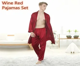 Men039s Pyjamas Silk Satin Pyjamas Set Nighthot Top Long Pants Navy Grey Wine Red Pyjamas Home Clothing Nachtwäsche für Männer 20117997896