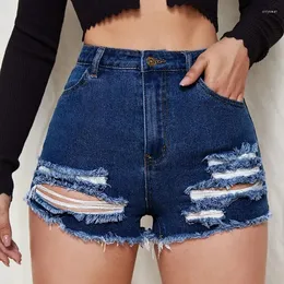 Kvinnors jeans withzz kvinnors hög midja smala slitna fransade hål denimshorts
