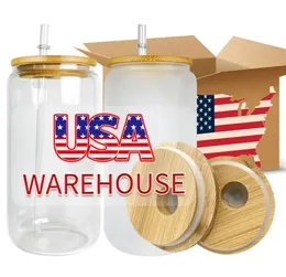 USA /CAローカルウェアハウス16オンスの昇華ガラスガラス竹のふたとストロータンブラーdiyブランク缶熱転送カクテルアイスコーヒーカップソーダメイソンジャーズ0522