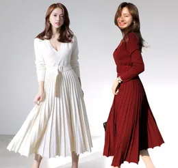 ハマリエルの新しいファッションの女性編みプリーツドレス秋の冬の長袖厚さのセクシーなセクシーなvネックサッシェスドレスT1908837443