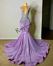 Sparkly Rhinestones Long Prom Dresses 2024 절묘한 수제 구슬 Sheer Top Purple Mermaid Black Girls 생일 파티 가운