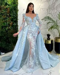 Abiti da sera di sirene in pizzo blu chiaro con paillettes staccabili allenano maniche lunghe abiti da ballo sexy abito di accoglienza al collo trasparente per donne