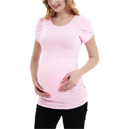 Maternity T-Shirt Summer Short Petal Sleeve T Shirt Ruched Side Pregnancy Clothes Women Tunic Tops Casual Basic Tees L2405