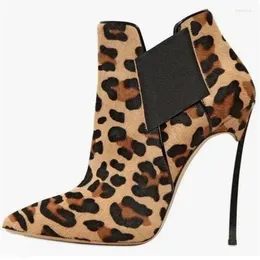 Boots Sexy Leopard Ankle Pointed Toe Metal Heels Ladies Dress Shoes Cut-out Thin Short Bootie Real Po