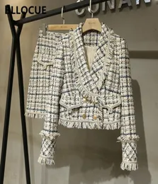 Bllocue Tweed Suit 세트 겨울 여자 골드 더블 브레저스 짧은 재킷 코타셀 미니 스커트 정장 양모 2pcs 의류 세트 2010271710473