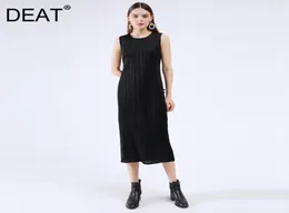 DEAT Pleated Woman Dress Solid Mid Calf Length Sleeveless Halter Undefined Thin Elegant Casual New Summer Fashion XQ119 2104296199599
