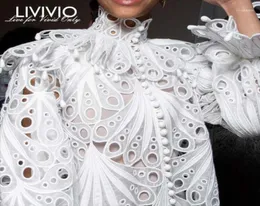 Livivio Vintage Hollow Out Lace Ruffled Shirts Female Stand Neck Flare Långärmad oregelbunden blus Kvinnor Fashion Clothing New116338642