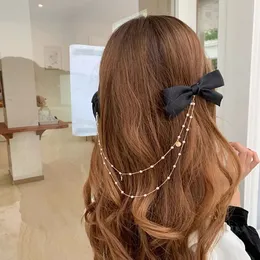 Elegant Chain Solid Color Bow Hairpins For Girl Black Hair Clip For Women Sweet Satin Hairgrip Hair Accessories
