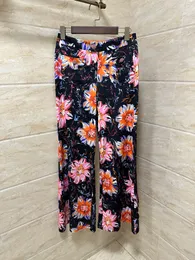 2024 Design New Fashion Wide Leg Button Long Pants Women Women Women Caista de bolso de bolso floral Casual calças soltas