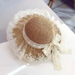 Menoea childrens Straw Hat Girls Summer Treasable Lace Bow Sun Baby Princess Travel Sunscreen Beach Hats 240515