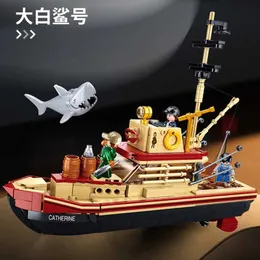 Modellsatz 592pcs Haifischschiff Trawler Model Building Block Pirate Ship Sea Fisher White Hai Digital Moc Spielzeug und Aufkleber S2452196