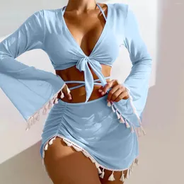 تغطية النساء UPS Tassels Swimwear Summer Four Piece Swimsuit Bikini Cardigan Beachwear للنساء اثنين مع السراويل القصيرة