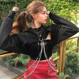 Rapwriter Punk Metal Chain Patchwork Solid Long Sleeve Hoodies Sweatshirts Frauen Herbst Black Hip Hop Harajuku Crop Top 2011265448494