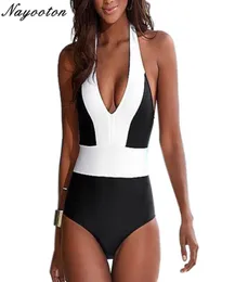 2019 Push Up New One Piece Swimwear Women Sexy Halter Sell Beach Brazilian Swimsuit Black and White Patchwork Bathing Suit 5734761