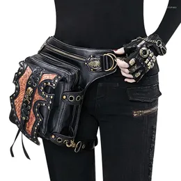 Bel çantaları steampunk deri kadın çanta retro rock damla bacak motosiklet crossbod omuz kafatası perçin torbası punk