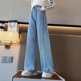 Wide Leg Pants Spring 2024 Nya lösa modeblå jeans för barn avslappnad all-match tonårsflickor byxor 12 13 14 år