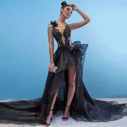 Vestidos de festa Sexy Black Bow One ombro Crystal Illusion Dress Apliques laterais para mulheres Rúsicas personalizadas de alongamento formal