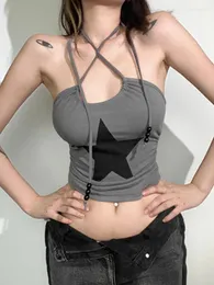 여자 T 셔츠 성격 거리 별 인 프린트 홀터 소매 소매 소매 여자 조끼 디자인 고스 펑크 2000S Y2K 레트로 작물 탑 섹시 클럽 여성