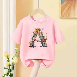 T-shirts Girls T Shirt Custom Name Letter Combination Print Tshirt Flower Letter Font A B C D E F G Short Sleeve Kids Pink Tops Y240521