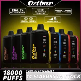 Ozi Bar 18000 Puffs Dual Mesh Coil Disposable Device Us Warehouse Fast Shipping 5 Level Power 18K Raddbar Vape Pen Big LED Display Skärmånga Geek Bar Raz Puff