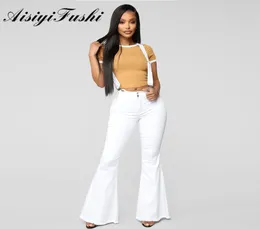 Aisiyifushi Womens Bell Bottom Jeans Plus Size Mid midje Vita jeans Kvinna Long Fleared Pants Womens Winter White Jeans Stretch 2017005652