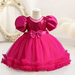 Princess Kids Dresses for Girls 2024 Fancy Wedding Short Sleeve Sequins Party 1st Birthday Baptism Girl Summer Dress