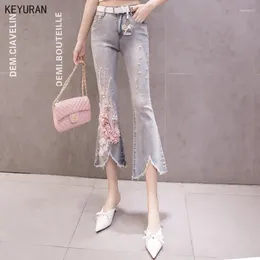 Women's Jeans Women Destoryed Flare High Waist Sequins Embroidery Flowers Pearl Beading Denim Pants 2024 Spring Summer Holes Trousers