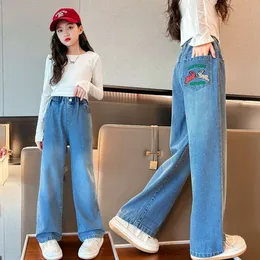 Kids Children Loose Straight Jeans For Big Girls School Denim Wide Leg Trousers Elastic Waist Pants 5 11 12 13 15 Years Old