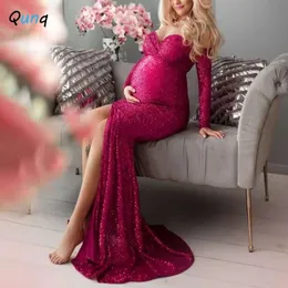 Qunq Autumn Winter New Maternity Wear Women Solid Shoulderless Sequin Mesh Hög midja Dragkedja Dress Graviditet Ropa de Maternidad L2405