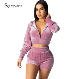 Velvet Hoodie Cropped Jacket Two -Stück Biker Shorts Set weibliche sexy Velours -passende Schweiß -Tracksuiten -Hose Outfit Pink Black Anzug 240521