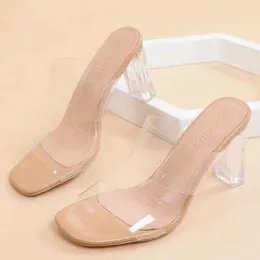 Klänningsskor transparent höga klackar kvinnor fyrkantiga insolor sommarskor kvinnor transparent hög pump bröllop gelé buty dammskie skosliderl2405