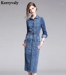 Autumn Bag Hip Cable Lock Pencil Denim Dress Zomerjurk Dames 2021 Long Sleeve Retro Jeans Midi Women Jurken K2181 Casual Dresses5398782