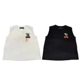 Miumiuss Tshirt Cherry 패턴 탱크 여성 라인톤 편지 승무원 목자 목 니트 T 셔츠 민소매 스포츠 Miumiuss Tshirt Knitwear 587