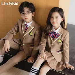 Jungen School Uniform Girls Jacke Khaki Rock Hemd Krawatte Anzüge Kinder formelle Kleid Tuxedo Kleinkind Kleidung Sets Kinderstudent Outfits 240518
