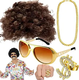 Forniture per feste Pesenar 4 pezzi hippie costumi set di occhiali da sole Wig Fashion Afro Disco Accessori Gold Catena