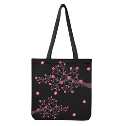 Einkaufstaschen Cartoon Kirschblütenmotiv-Drucktasche wiederverwendbare Polyester umweltfreundliche Tasche Damen Schwarze Handtasche Muster Custom