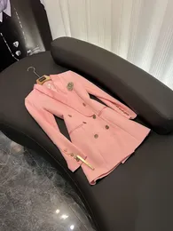 2024 Autunno rosa color solido B Blazer in perline vestito nero a manicotto lungo lapel bente B-Rhinestone cappotti di uscita a doppio petto O4W202629