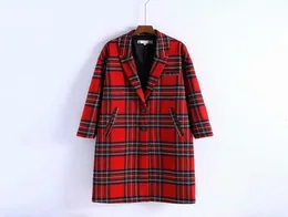 Women Vintage Winter Red Plaid Coat Long Wool Single Single Female Widewaisted Wool Coats Parka 2010305949686