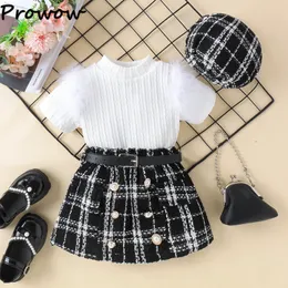 Prowow Kids Closes Girls Tweed Outfit Sets Summer Twsit Plush TシャツTシャツBlack Tweed Skirt 3PCSエレガントなセット240520