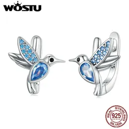 Wostu 925 Sterling Silber Hummingbird Ohrklammern Blau glänzender Zirkon durchdringende Ohrringe Flatter Flügel Vogel Fein Schmuck für Frauen 240522