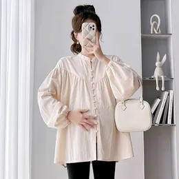2024 Bahar Moda Hamile Tees Gömlekler Artı Boyut Uzun Kollu Düğme Uç Hamile Kadın Bluz Gevşek Gebelik Giysileri Üstler L2405