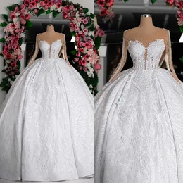 Luxus Retro -Ballkleid Brautkleider Illusion Langarm 3d Blumenmuster Prinzessin geschwollene Brautkleider