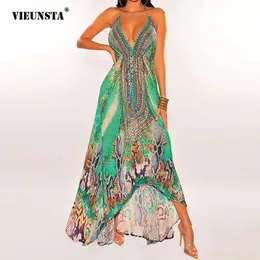 Vieunsta Sommer Böhmen Retro ärmellose V-Ausschnitt sexy Nationalstil Backles Langer Rock Druck Schlinge unregelmäßiger Swing-Kleid 240522