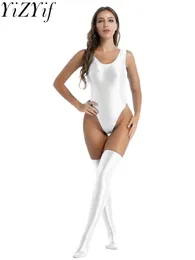 Costumi da bagno femminile donne sexy body taglio alto e abiti da stoccaggio con tuta senza maniche lucide metalliche.