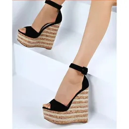 Women Summer Fashion Open Open Toe Straw Suede Leather Canle Strap Super High Wedge Sand 1ff