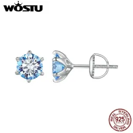 Wostu Ocean Blue 1CT D VVS1 Saplama Küpe Düğün Yahudi Kadınları 925 STERLING Gümüş 5mm Yuvarlak Elmas Çıtçıtları 240522