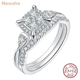 Ela é um conjunto de noivas exclusivas para mulheres 2 pcs sólido 925 Sterling Silver Wedding Rings Halo Round Cut Clustered 5A Cz Fine Jewelry 240514