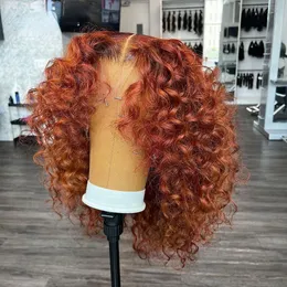 Оранжево -коричневые глубокие вьющиеся короткие бобы человеческие волосы парики 360 водяные кружевные кружевные парики