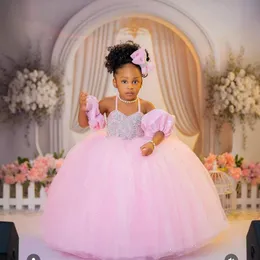 2024 ASO EBI Pink Flower Girl Dresses Birthday Party Dress Illusion Spaghetti Straps Rhinestones Pärlade dekorerade Tiered Tulle Princess Ball -klänning för äktenskap F136