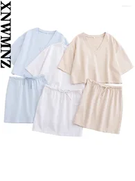 Work Dresses XNWMNZ 2024 Summer Women Fashion Solid Color Loose V-Neck T-Shirt Or Drawstring Lace Mini Skirt Female Chic Suit